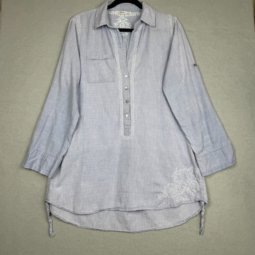 Women's 100% Cotton Embroidered Blue Tunic Roll Tab Sleeve Beach Swim Cover M/L